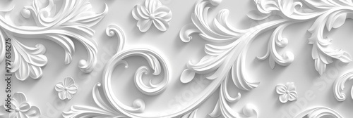 White baroque swirls create a classic and timeless wallpaper design, ideal for chic and bright interiors.