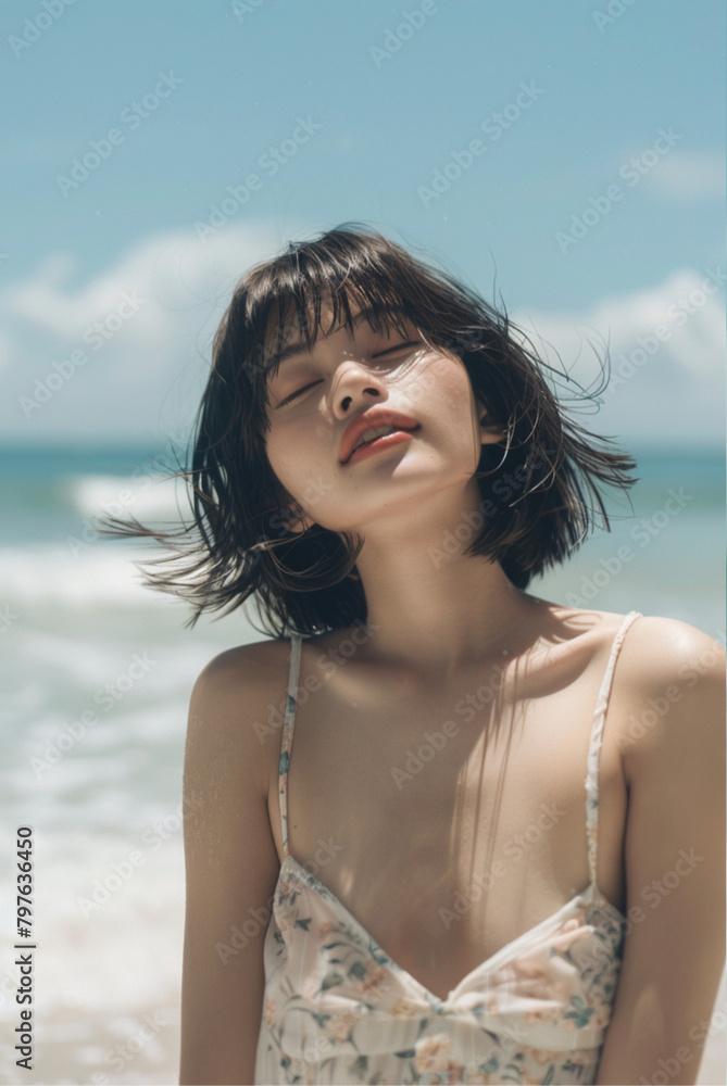 beautiful Japanese woman with a black hair, bob hairstyle with fringe, wearing beachwear, photography, beach outfit, woman in her 20s, standing at the beach, outdoor photoshoot at the beach, smiling beautiful Japanese woman with a black hair, bob hairstyle with fringe, wearing beachwear, photography, beach outfit, woman in her 20s, standing at the beach, outdoor photoshoot at the beach, smiling