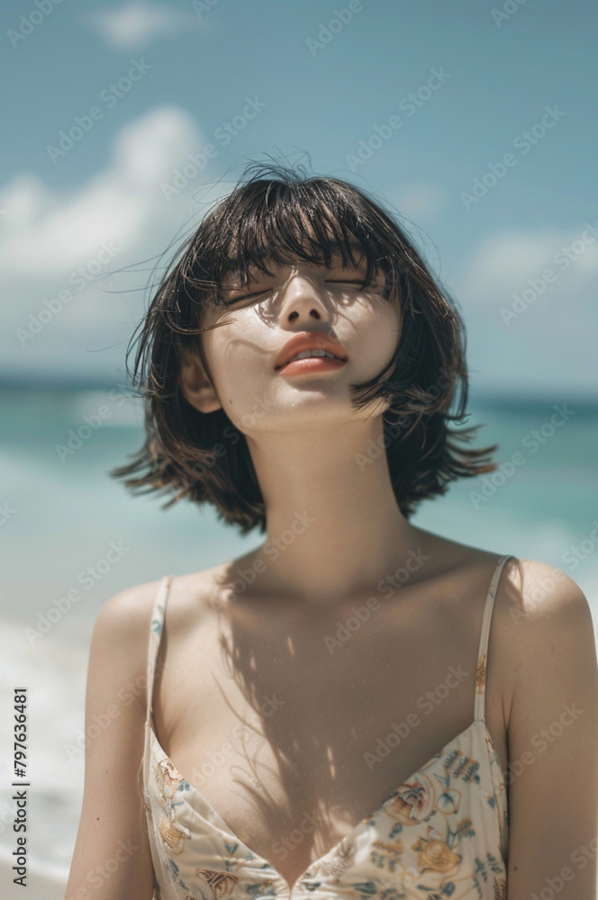 beautiful Japanese woman with a black hair, bob hairstyle with fringe, wearing beachwear, photography, beach outfit, woman in her 20s, standing at the beach, outdoor photoshoot at the beach, smiling beautiful Japanese woman with a black hair, bob hairstyle with fringe, wearing beachwear, photography, beach outfit, woman in her 20s, standing at the beach, outdoor photoshoot at the beach, smiling