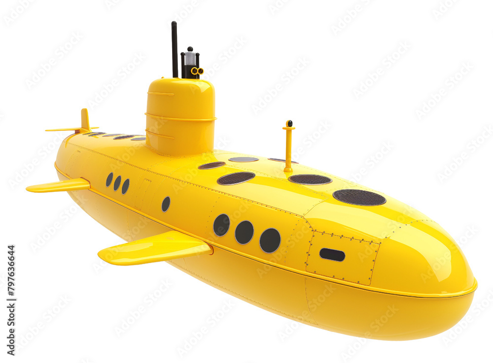 A yellow submarine with various hatches and portholes isolated on a black background.
A yellow submarine with various hatches and portholes isolated on a black background.