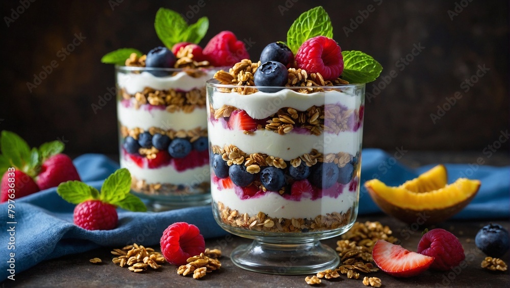 A decadent fruit parfait layered with colorful berries