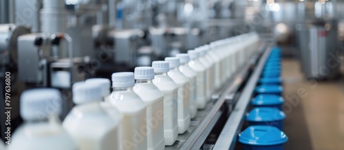 A line of milk bottles are being made in a factory © zaen_studio