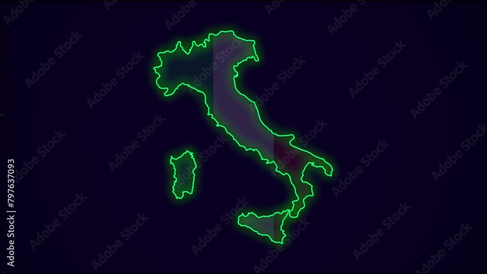 Italy Map Outline Country Border on dark blue. Neon Lights colorful animation transition. Flag of Italian Republic. Animation in neon style. 4k Resolution. Italy Map Outline Country Border on dark blue. Neon Lights colorful animation transition. Flag of Italian Republic. Animation in neon style. 4k Resolution.