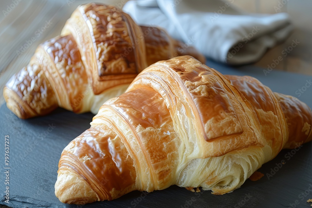 Croissant Delight: Two Golden Breakfast Croissants on Slate Croissant Delight: Two Golden Breakfast Croissants on Slate