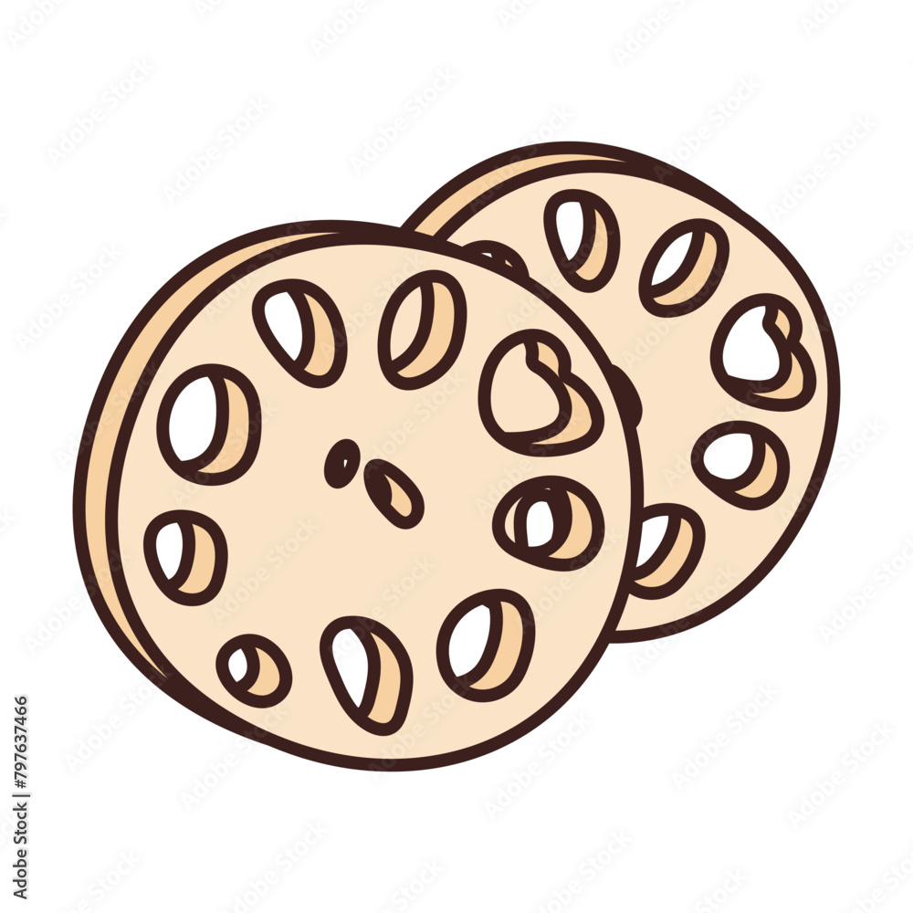 Fototapeta premium Lotus root two slices. Japanese, thai and chinese cuisine, food. Vector isolated illustration.
