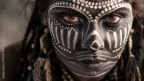 A fierce female warrior adorned with intricate black and white tribal face paint exuding a sense of fearlessness and resilience in the face of adversity. .