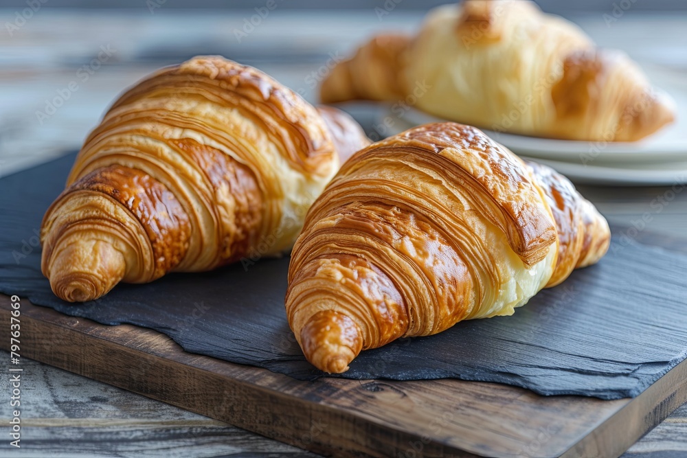Delicious Crust Composition: Two Fresh Croissants on Rustic Slate Board Bakery Breakfast Delicious Crust Composition: Two Fresh Croissants on Rustic Slate Board Bakery Breakfast