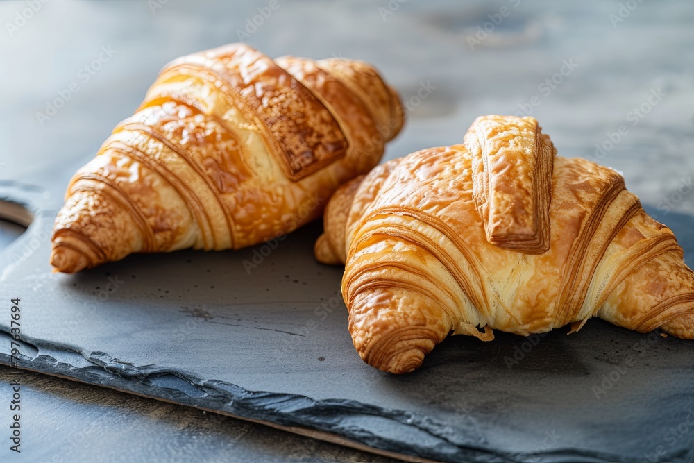 Delicious Crust Delight: Two Fresh Croissants on Rustic Dark Slate Board Delicious Crust Delight: Two Fresh Croissants on Rustic Dark Slate Board