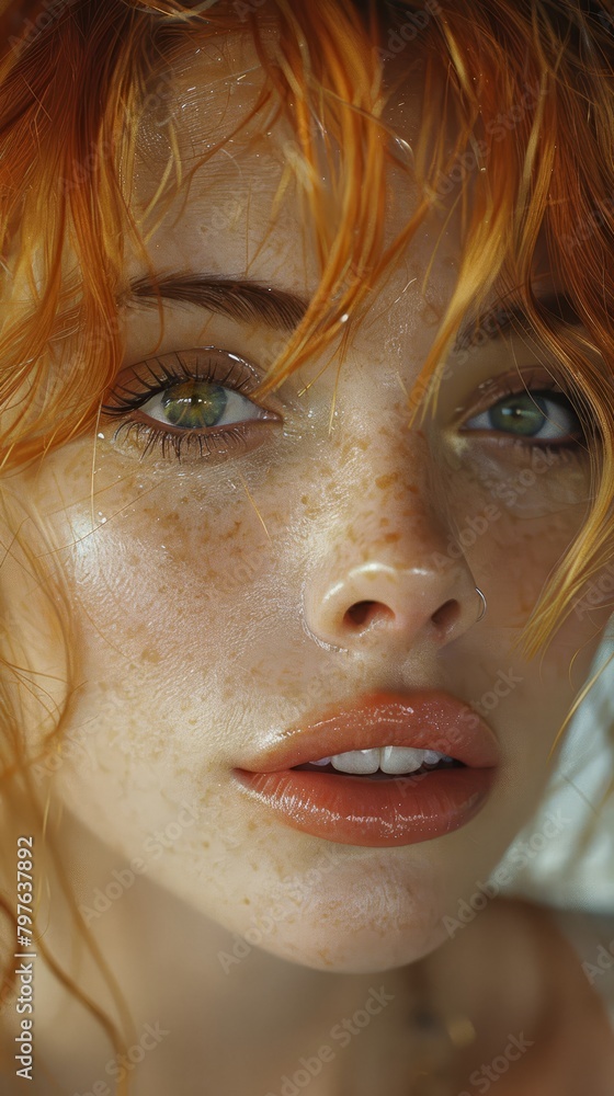Close-up model of a beautiful red-haired European colored-eyed girl with freckled face.