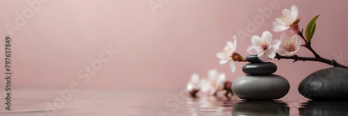 display podiums on water and cherry blossom flower or Sakura. 3d rendering of realistic presentation for product advertising. 3d minimal illustration. Selective focus