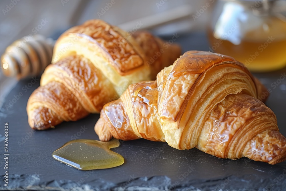 Golden Honeyed Croissants on Dark Slate: Morning Delights from Fresh Bakery