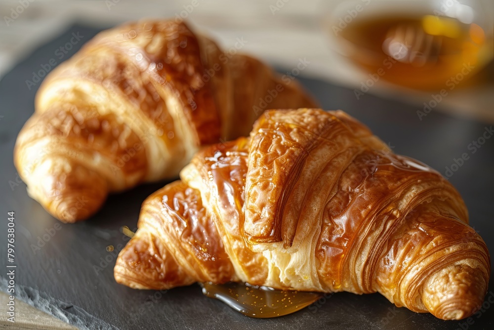 Perfect Pair: Two Honey-Glazed Croissants on Dark Slate for a Tasty Breakfast