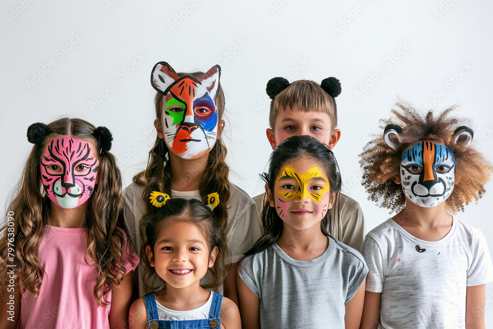 Children with animal face paintings isolated
