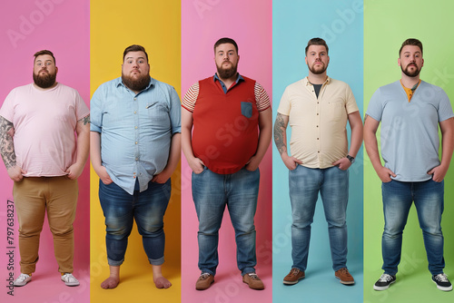 Collage of overweight men on color background. Diet concept
