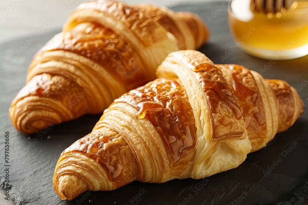 Golden Croissants with Honey on Slate: Delicious Pastry Breakfast Photo