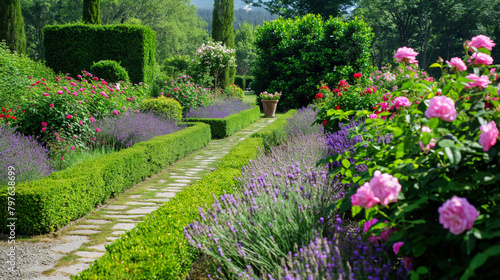 A garden path with a low hedge on the left and flowers on both sides.