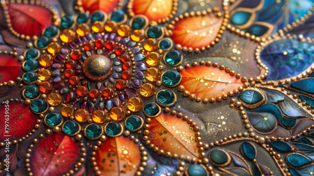 Vibrant beaded flower mandala close up Vibrant beaded flower mandala close up