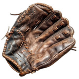 A well-worn brown leather baseball glove isolated on a black background.
