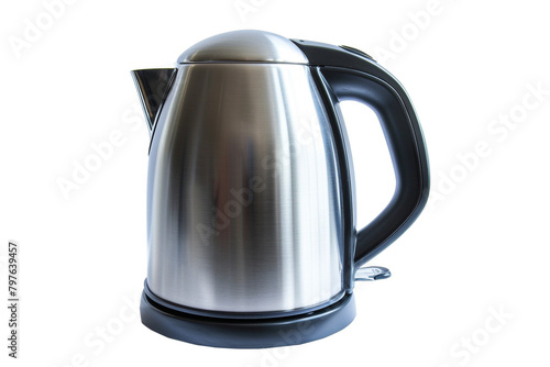A compact electric kettle with a brushed metal finish and a rapid boil feature isolated on a solid white background.