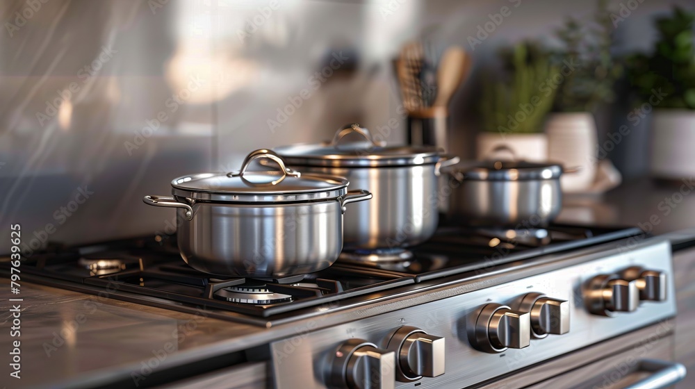 Designer Kitchen Pots Elegantly Displayed on a Gas Range Cooktop Designer Kitchen Pots Elegantly Displayed on a Gas Range Cooktop