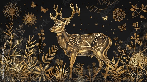 Marvelous golden line art rendering of a deer  its poised stance among detailed woodland flora enhancing the luxurious feel of the artwork