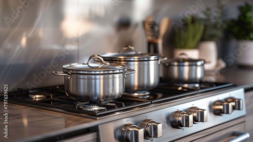 Designer Kitchen Pots Elegantly Displayed on a Gas Range Cooktop