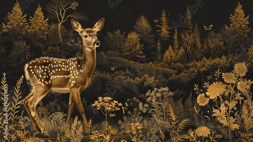 Golden line art rendering of a deer, its poised stance among detailed woodland flora enhancing the luxurious feel of the artwork