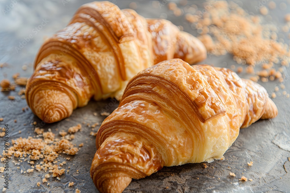 Two Croissants: Rustic Bakery Breakfast Scene with Fresh Crust and Scattered Crumbs Two Croissants: Rustic Bakery Breakfast Scene with Fresh Crust and Scattered Crumbs