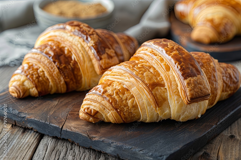 Two Tasty Croissants: Brunch Perfection on a Textured Dark Board Two Tasty Croissants: Brunch Perfection on a Textured Dark Board