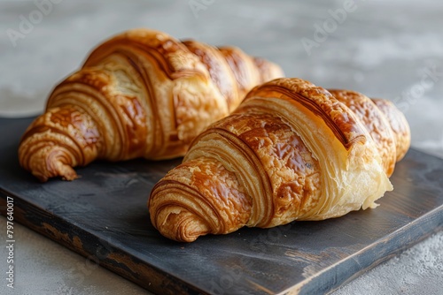 Tasty Breakfast: Two Croissants on Textured Dark Board, Homemade Brunch Delight