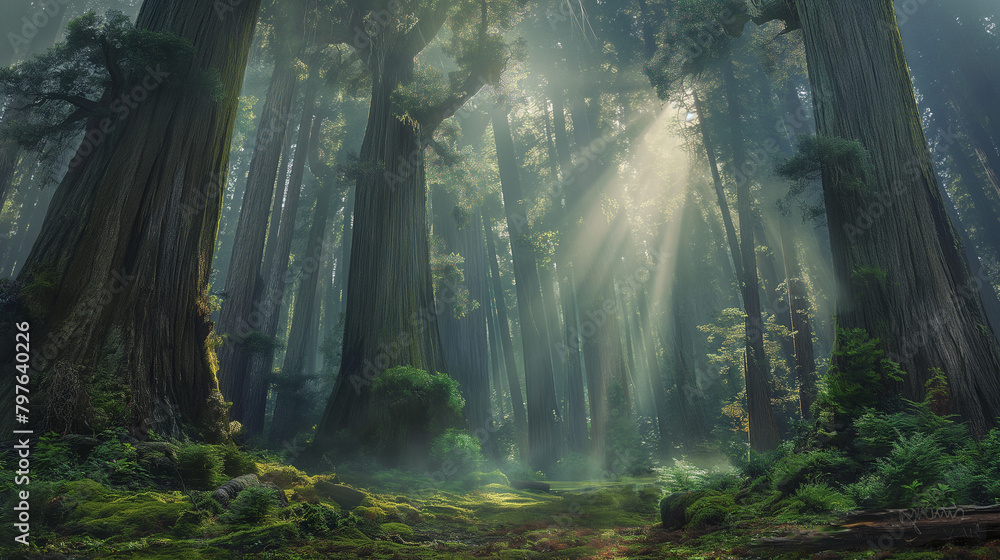 forest with tall trees and a bright light shining through the trees. 