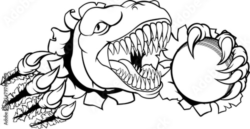 A dinosaur T Rex or raptor cricket player cartoon animal sports mascot holding a ball in its claw