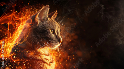cat head with  fire isolated on dark background copy space for text