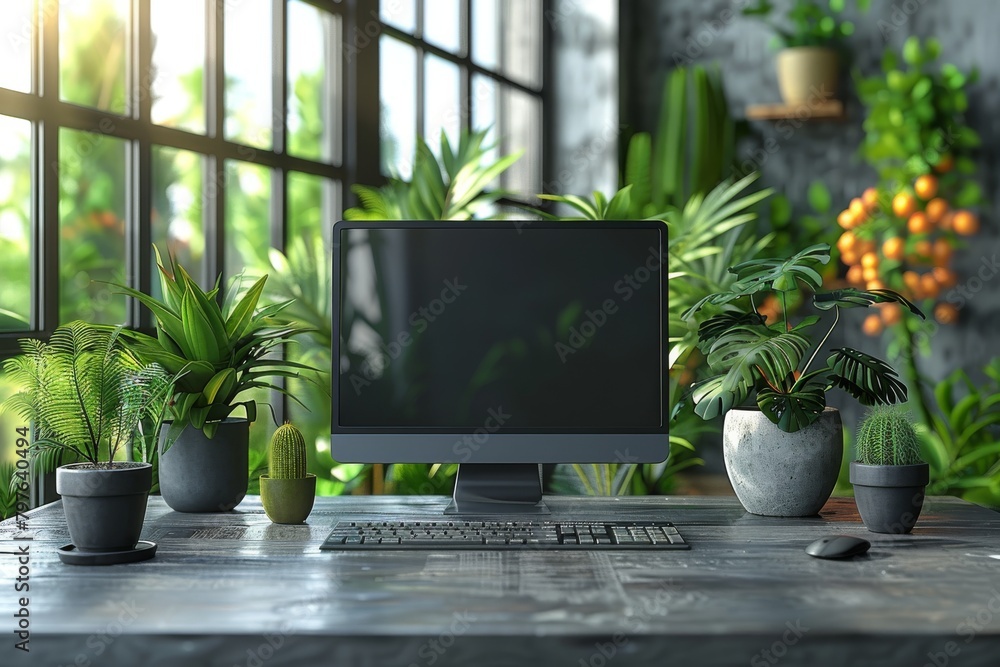 A contemporary home office desk setup with an array of healthy green plants enhancing the workspace. A contemporary home office desk setup with an array of healthy green plants enhancing the workspace.