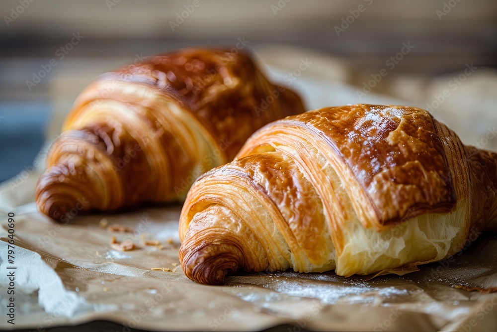 Golden Gourmet: Two Crusty Croissants on a Warm Bakery Background Golden Gourmet: Two Crusty Croissants on a Warm Bakery Background