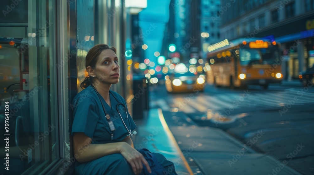Female nurse in scrubs sitting on a window sill