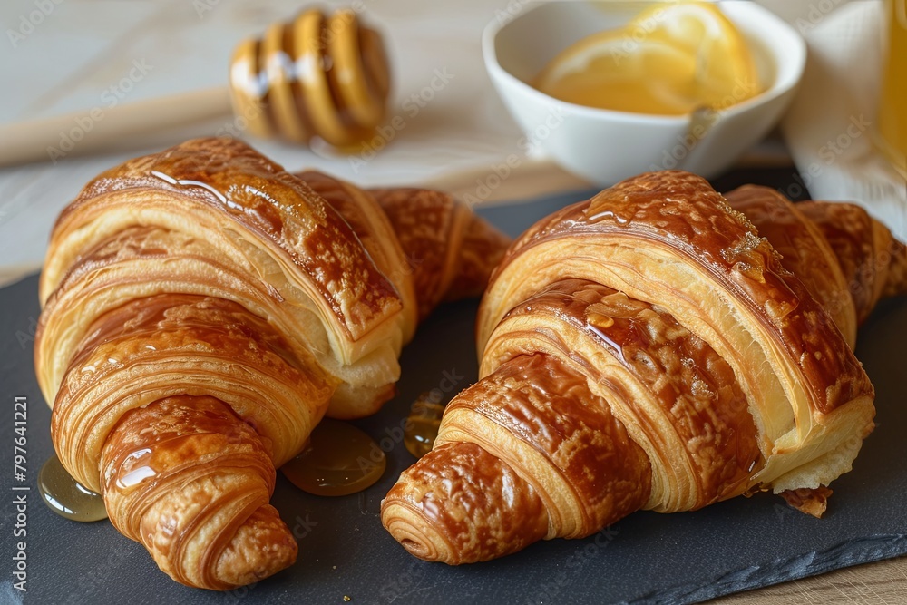 French Eatery Delight: Golden Honey Croissants on Slate
