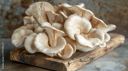 Fresh oyster mushrooms arranged neatly on a wooden block, showcasing their unique shape and texture photo
