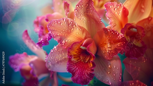 Closeup of a bouquet of orchid flowers with water droplets on petals