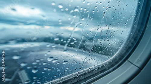 Rain droplets are gathered on the window of an airplane, with the horizon faintly visible in the background