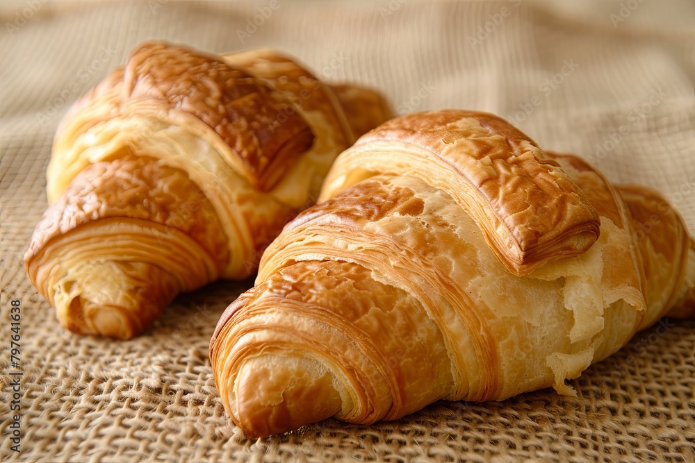 Golden Bakery Delights: Two Gourmet Croissants in Warm Inviting Breakfast Setting