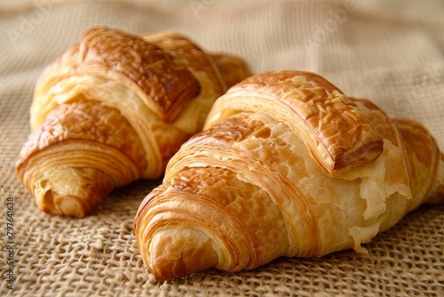 Golden Bakery Delights: Two Gourmet Croissants in Warm Inviting Breakfast Setting