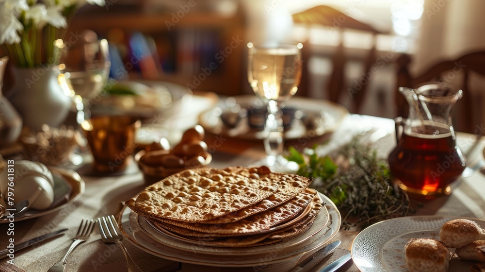 A Passover Seder table featuring a traditional plate of matzah bread alongside a vase of fresh flowers