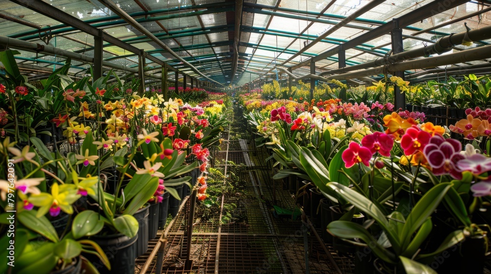 A greenhouse brimming with colorful flowers, showcasing a variety of vibrant orchids in full bloom