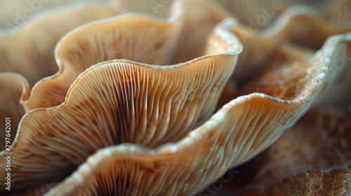 A close-up view of a cluster of mushrooms, showcasing the intricate textures and details of their caps and stems