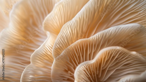 A macro shot focusing on the gills of a single oyster mushroom, with a shallow depth of field blurring the background