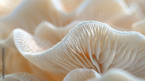 Detailed shot of a white mushroom with focus on its gills, positioned on a table with shallow depth of field