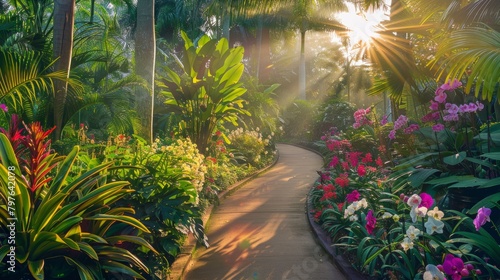 A pathway meandering through a tropical garden bursting with colorful flowers and lush greenery