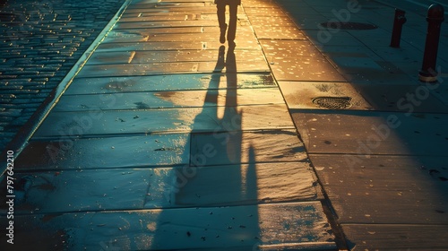 A business man's shadow stretching out before him on a city sidewalk, early in the morning, starting his day with determination. photo