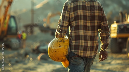 Worker in Plaid Shirt Carrying Yellow Helmet at Outdoor Site